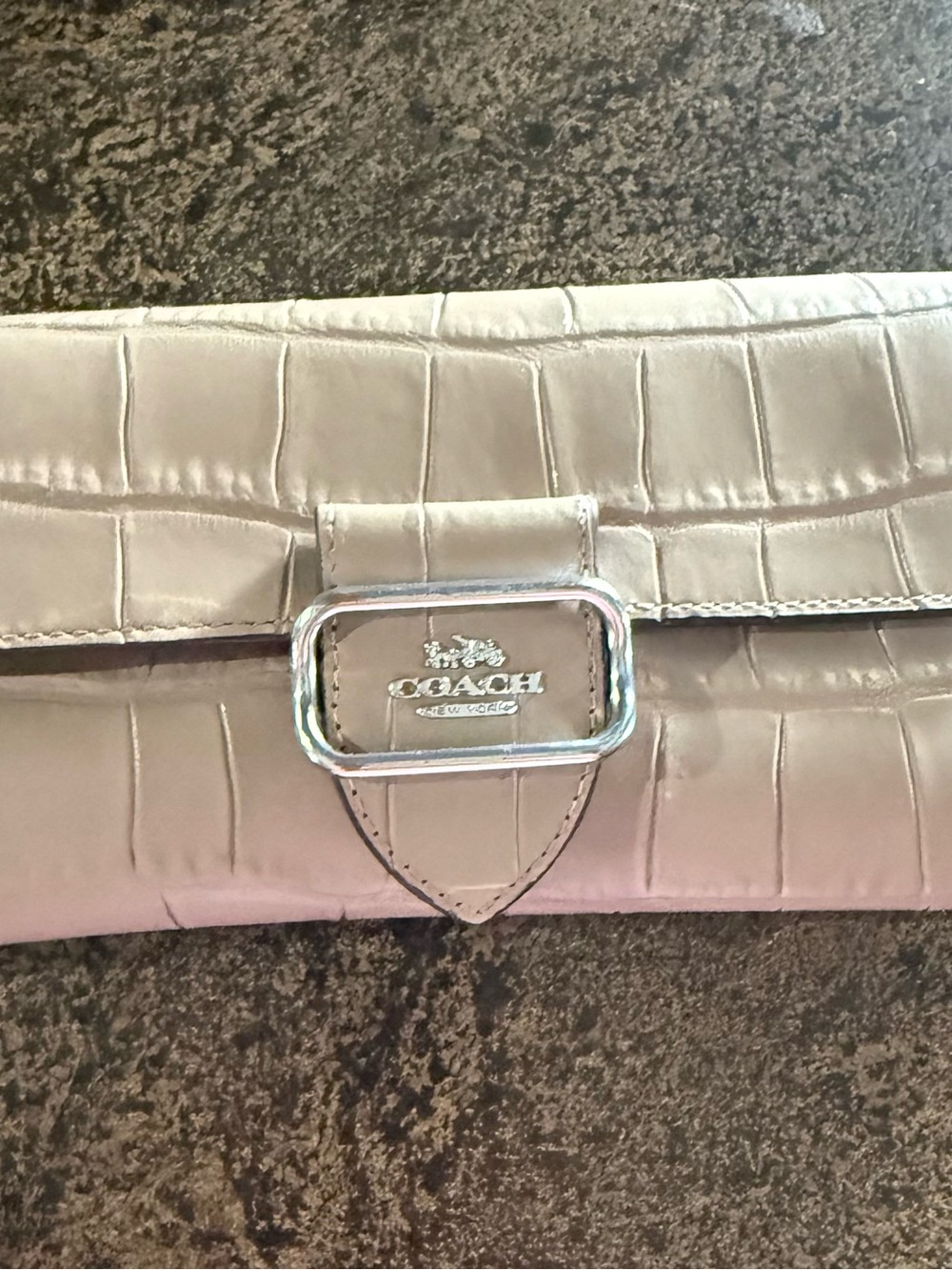 Coach Croc-Embossed Foldover Clutch in Light Beige with Silver Hardware